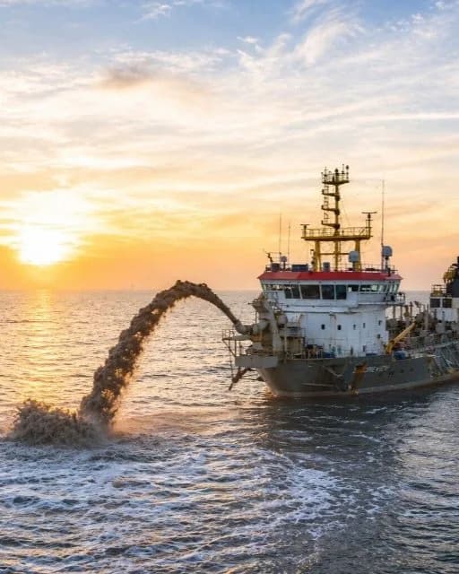 Dredging vessel operating at sea