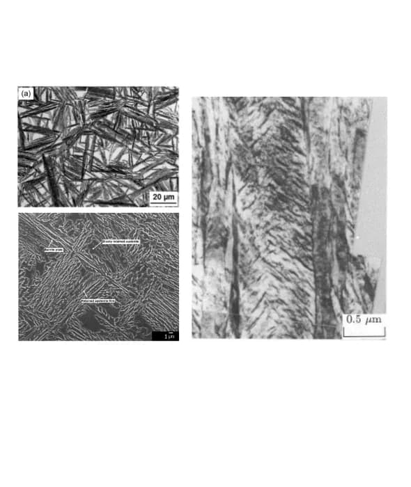 Bainitic steel microstructure showing controlled multi-phase structure for impact-abrasion wear resistance